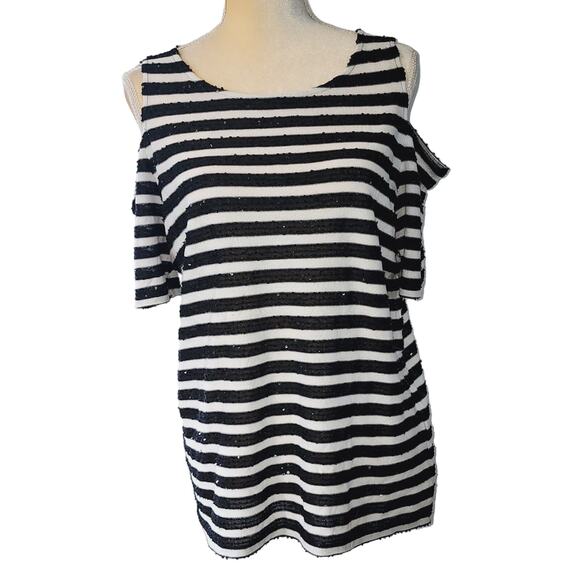 Chico's Sequin Striped Cold-Shoulder  Black White Top Size 2 Medium - Picture 2 of 5